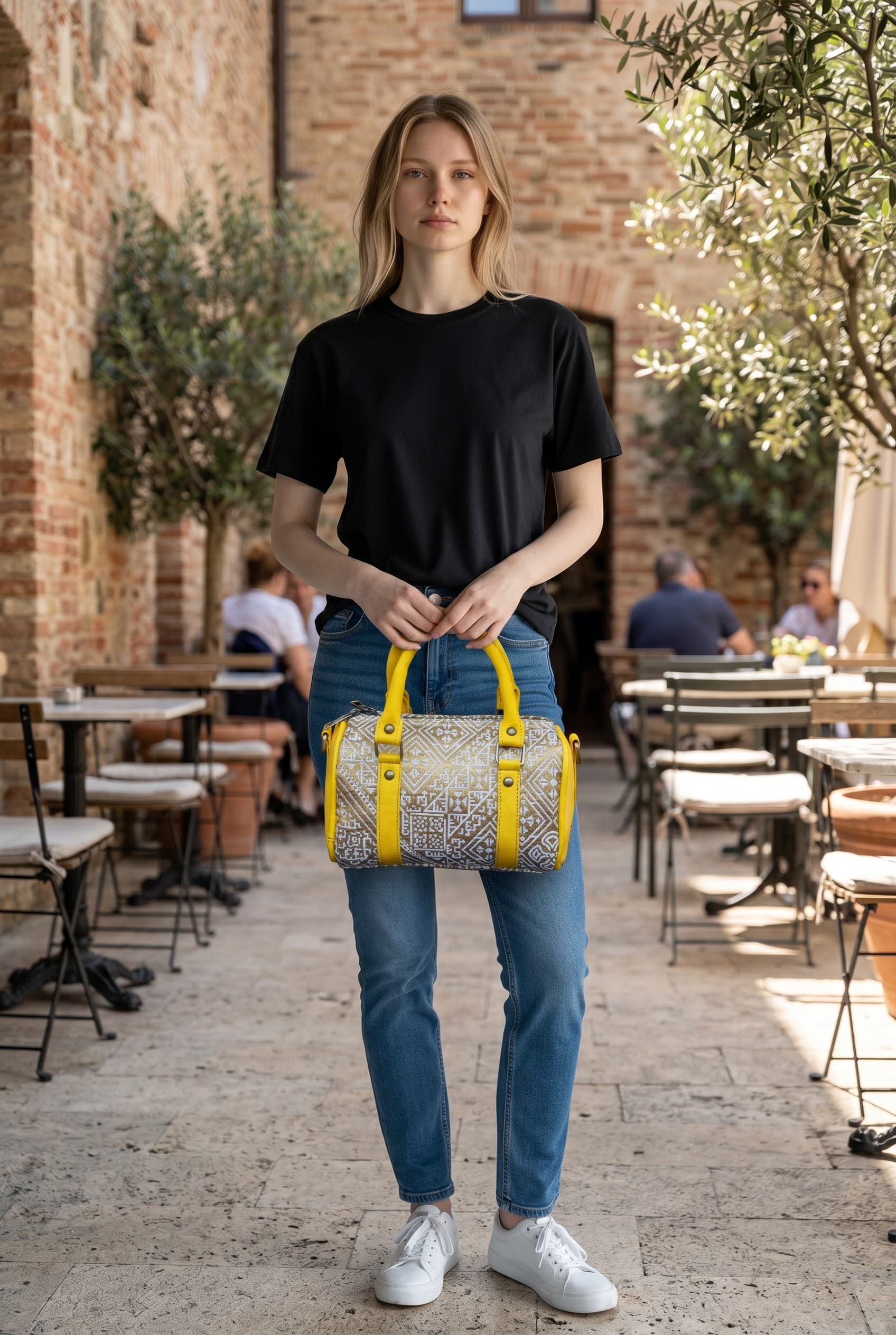 Golden Radiance Patterned Barrel Bag