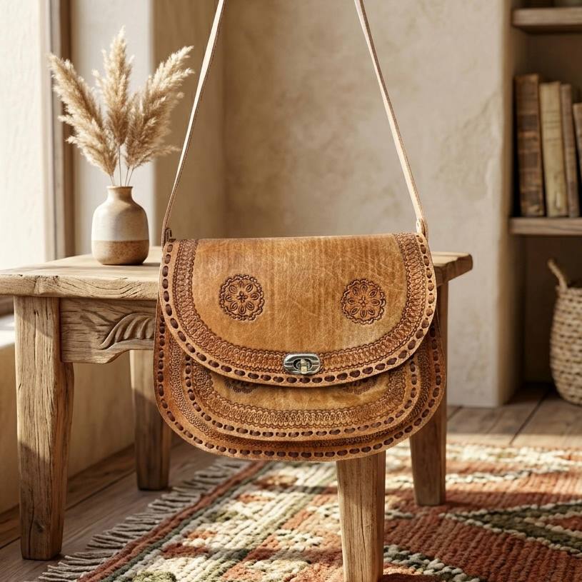 Handmade Leather Crossbody Bag - Vintage Boho Tan Shoulder P